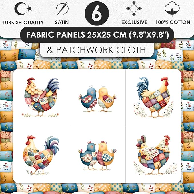 Farmhouse Chicken Patchwork Cotton Fabric Panel – 6 Designs + Bonus Patchwork - Image 3