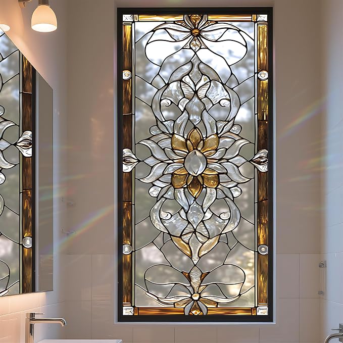 Stained Glass Window Privacy Film: Non-Adhesive Sun and Landscape Mosaic Design by AOHMPT