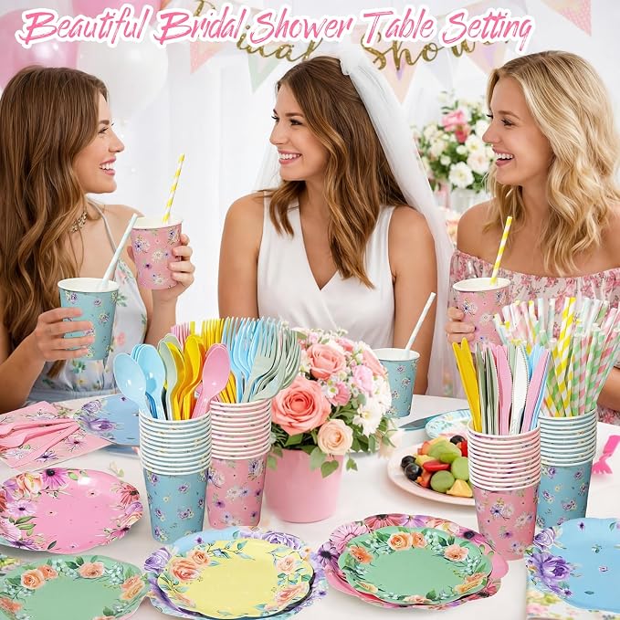 450 Pcs Floral Tea Party Tableware Set Decorations Scalloped Flower Paper - Image 4