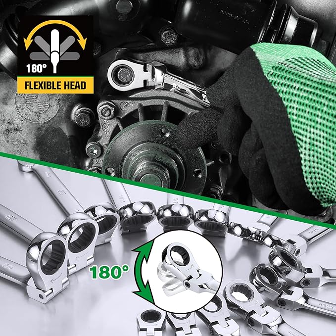SK Flex-Head Ratcheting Wrench Set, Combination Wrench Set, 14-Piece, SAE 3/8" to 3/4", Metric 10 to 19mm, 72-Tooth, Premium CR-V Construction, with Rolling Pouch