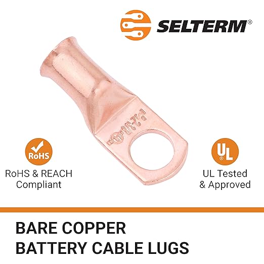 SELTERM 25pcs 2 AWG 3/8" Stud Battery Lugs, Ring Terminals, Heavy Duty Copper Wire Lugs, Battery Cable Ends, 2 Gauge Ring Terminal Connectors, UL Bare Copper Eyelets Electrical Battery Cable Lugs