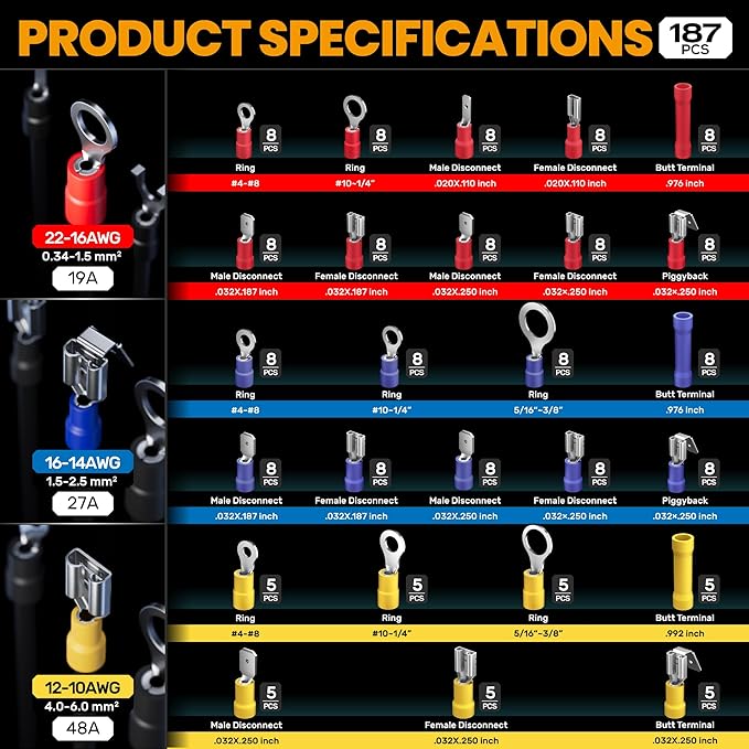 SOMELINE Electrical Connectors Crimping Tool Set, Ratchet Terminal Crimper 22-10 AWG, with 26 Sizes Ring Spade Butt Piggyback Insulated Connectors, Wire Crimp Tool Kit