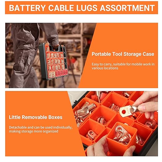 Kuject 220PCS Battery Cable Ends AWG 1 2 4 6 8 1/0 2/0 Gauge, 110PCS Heavy Duty Copper Wire Lugs Kit, Battery Cable Terminal Connectors Assortment with 110PCS 3:1 Heat Shrink Tubing