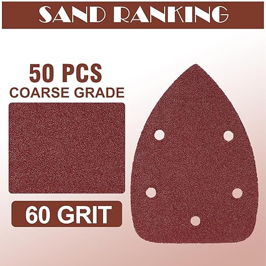 60 Grit Mouse Sander Sandpaper, Jamiikury 5 Hole Detail Sander Sandpaper Palm Sander Paper Mouse Sanding Pads Hook and Loop Sanding Sheets - Pack of 50