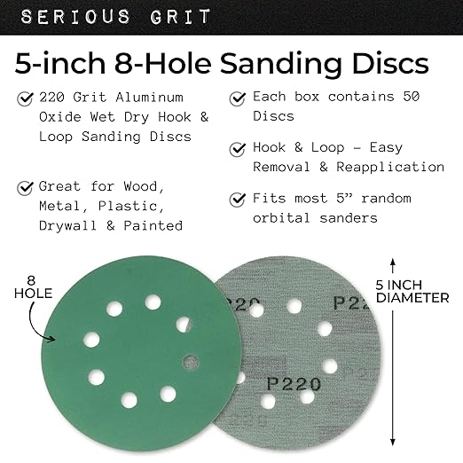 Sanding Discs 5 Inch 8 Hole 220 Grit - Heavy-Duty Hook & Loop Wet Dry Film Sandpaper Discs - Very Fine Sand Paper for Random Orbital Sanders - Wood, Automotive, Metal, etc - 50 Pack Box