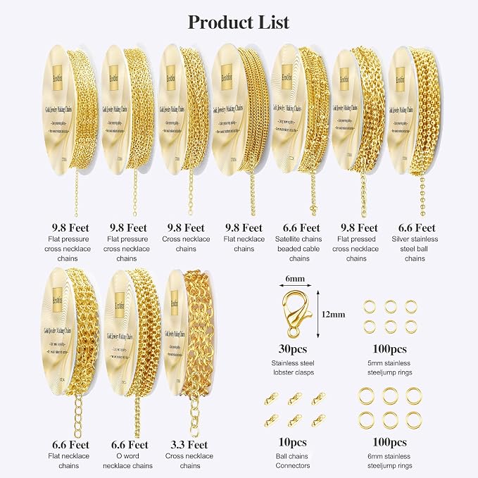 Ecoofor Gold Necklace Chains for Jewelry Making, 78.7 Feet 10 Rolls Jewelry - Image 3