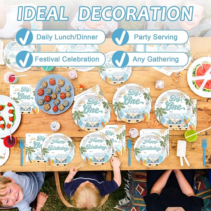 200pcs Summer Beach The Big One Party Plates Napkins Boy Surfing First Birthday - Image 7