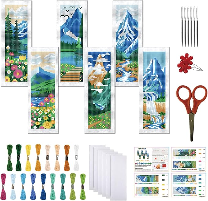 FREEBLOSS 6 Set Cross Stitch Bookmarks Kit Mountains&Rivers Stamped Cross by FreeandCreativeCraftsArt