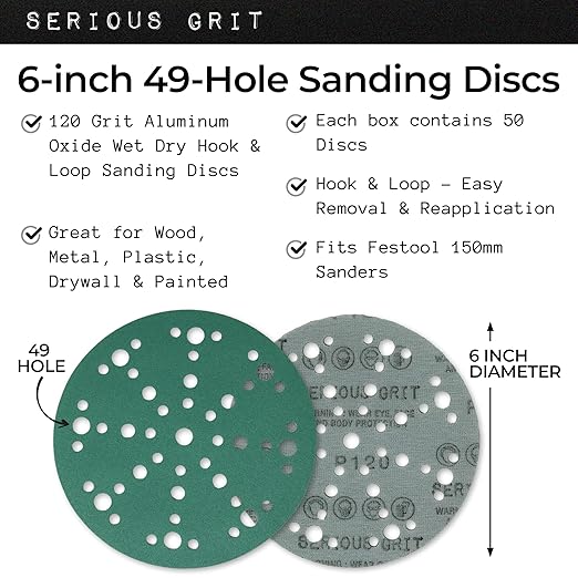 6-Inch 49-Hole 120 Grit Sanding Discs - Heavy-Duty Hook & Loop Film Discs - Sandpaper for Random Orbital Sanders - 50 Pack Box