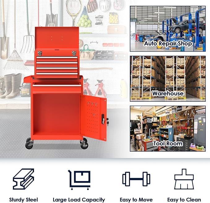 Tool Box with Wheels, 5-Drawer High Capacity Tool Chest with Wheels, Removable Storage Toolbox with Lock for Garage, Workshop and Room Use(Red)