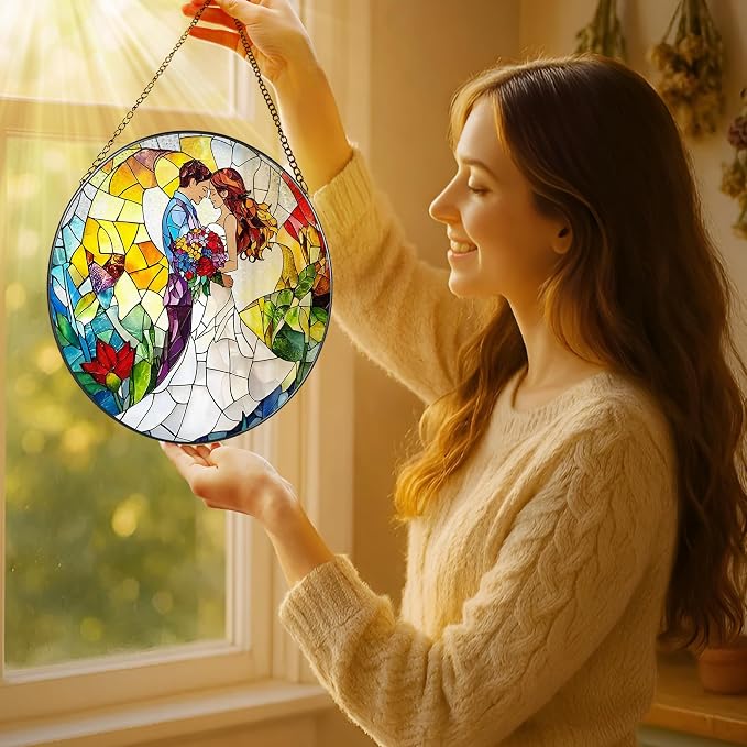 8'' Romantic Couple Wedding Sun Catcher Ornament, Stained Glass Window Hanging - Image 2