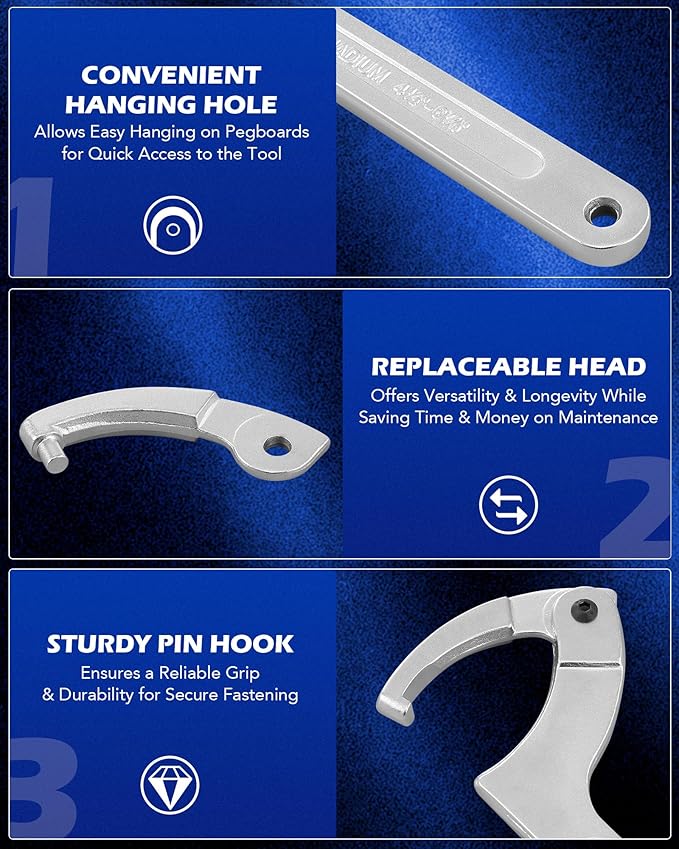 Orion Motor Tech 8pc Adjustable Pin Spanner Wrench Tool Set, Spanner Nut Wrench Tools with Changeable Heads for Pipes Heating Cars, Coilover Hook Wrenches for Suspension System, 3/4" to 6-1/10"