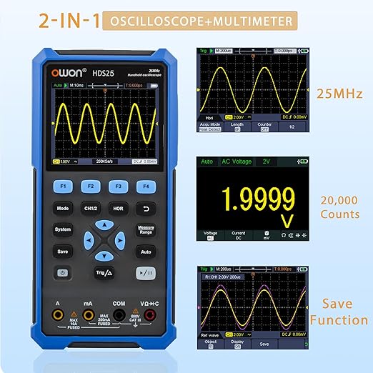 HDS25 OWON Oscilloscope Multimeter 25MHz Bandwidth Dual Channel Handheld Oscilloscope with 250 MSa/s Sample Rate Digital Multimeter Tester