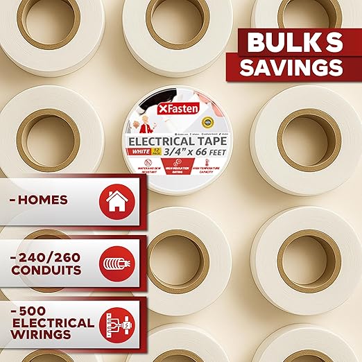 Xfasten Electrical Tape White 3/4 Inch x 66 Feet 12-Pack (792 Feet Total) UL/CSA Listed High Temp Residue-free Vinyl Automotive Electric Tape Waterproof (White, 3/4 Inch x 66ft (12-Pack 792 ft Total))