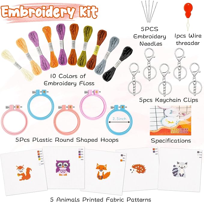 WATINC 5Pcs Embroidery Kit for Kids Stamped Cross Stitch DIY Key Chain - Image 2