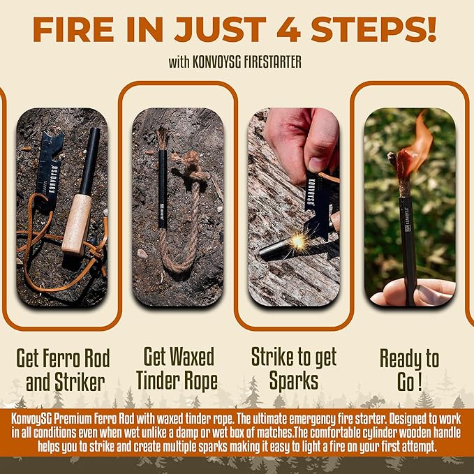 Fire Starter Survival Tool–Ferro Rod Fire Starter with 11" Waterproof Tinder Wick Rope, Multi-Tool Striker and Extra Jute Bag - All-in-One Flint and Steel Fire Starter Kit.