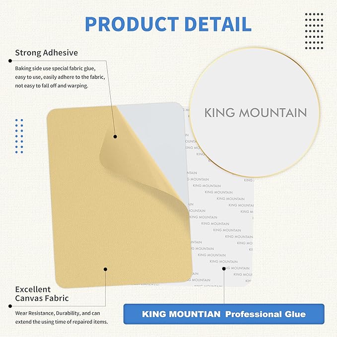 KING MOUNTAIN Canvas Repair Patch 9 x11 Inch 4 Pcs Self-Adhesive Waterproof Fabric Patch for Sofas, Tents, Furniture,Tote Bags, Car Seats (Beige-1)