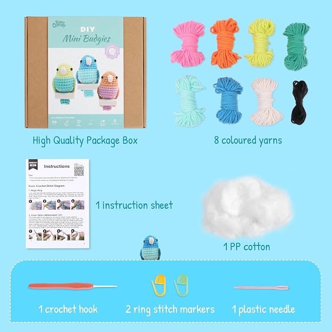 HOUSE CREATIVITY Crochet Kit for Beginners, Make 3 Mini Budgie Birds, Amigurumi - Image 3
