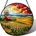 Stained Glass Window Hanging Autumn Farm Corn Harvest Landscape Large 11.8" by HWRHTR