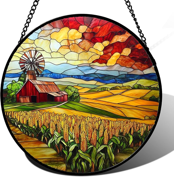 Stained Glass Window Hanging Autumn Farm Corn Harvest Landscape 6.3" by HWRHTR