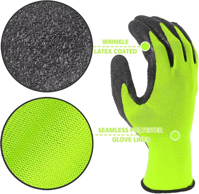 Evridwear Crinkle Latex Rubber Hand Coated Safety Work Gloves for Men Women General Multi Use Construction Warehouse Gardening Assembly Landscaping (S-Size) Lime 120 Pairs Pack