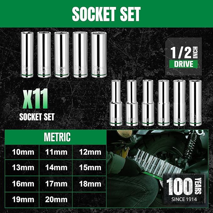 SK 1/2" Drive Socket Set, Deep Metric Sockets, 11-Piece 10-20mm, SuperKrome Finish, Premium CR-V Construction, with Aluminum Socket Organizer