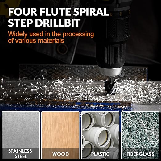 THINKWORK Four Spiral Flute Step Drill Bit, HSS Step Drill Bits 1/8"-1/2"(13 Step) Unibit Step Drill Bit, 1/4" Shank Step Bits for Aluminum, Wood, Plastic, Metal