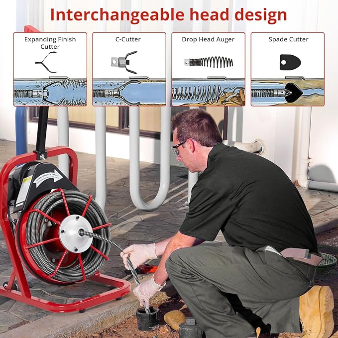 75Ft 1/2 Inch Electric Drain Cleaner Machine Auto Feed Drain Auger for 1 to 4 Inch Pipes Professional Sewer Snake with 4 Cutters Gloves Heavy Duty Clog Remover