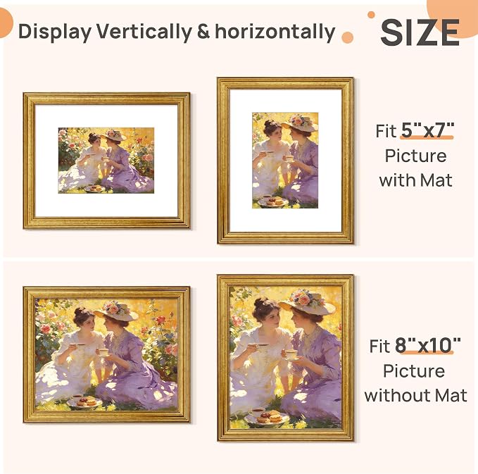 upsimples Vintage 8x10 Picture Frame, Antique Gold Frames Display 5x7 - Image 2