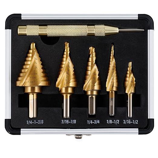 ZELCAN Step Bits for Metal, Step Drill Bit Set 5PCS Titanium, Spiral Grooved with Automatic Center Punch, Step Drill Bit for Metal with Aluminum Case, Multiple Hole Step Bit for DIY Lovers