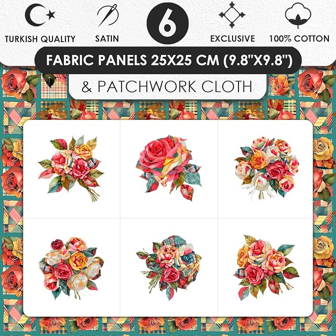 Vintage Rose Patchwork Cotton Fabric Panel – 6 Floral Designs + Bonus Patchwork - Image 3
