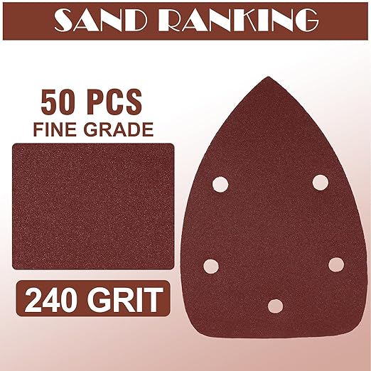 240 Grit Mouse Sander Sandpaper, Jamiikury 5 Hole Detail Sander Sandpaper Palm Sander Paper Mouse Sanding Pads Hook and Loop Sanding Sheets - Pack of 50
