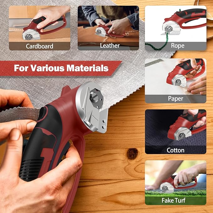 Cordless Electric Scissors, 4V Box Cutter & Cardboard Cutter with Upgrade Blade, LED Light, Safety Lock - Rechargeable Rotary Cutter for Fabric, Leather, Plastic, Crafting, Sewing, Industrial (Red)