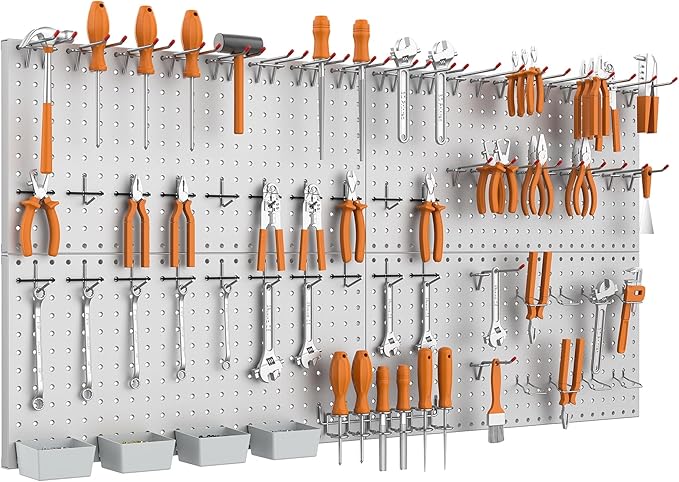 WALMANN Metal Pegboard Kit with Accessories for Wall Garage Tools Storage Pegboard System for Garage, Workbench, Modular Peg Board Tool Organizer Board with Hooks(Grey)
