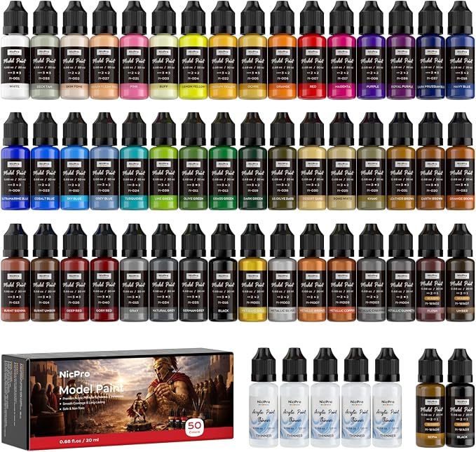 Nicpro 50 Colors Model Paint Set, 20ml Ready to Use Modeling Acrylic Paints by Nicpro