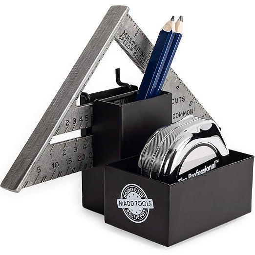 Tape Measure Holder for Pegboard - Includes Pencil Box and Carpenter Square Triangle Holder – Black Pegboard Organizer Accessories with Heavy Duty Peg Board Hooks - 16 Gauge Steel