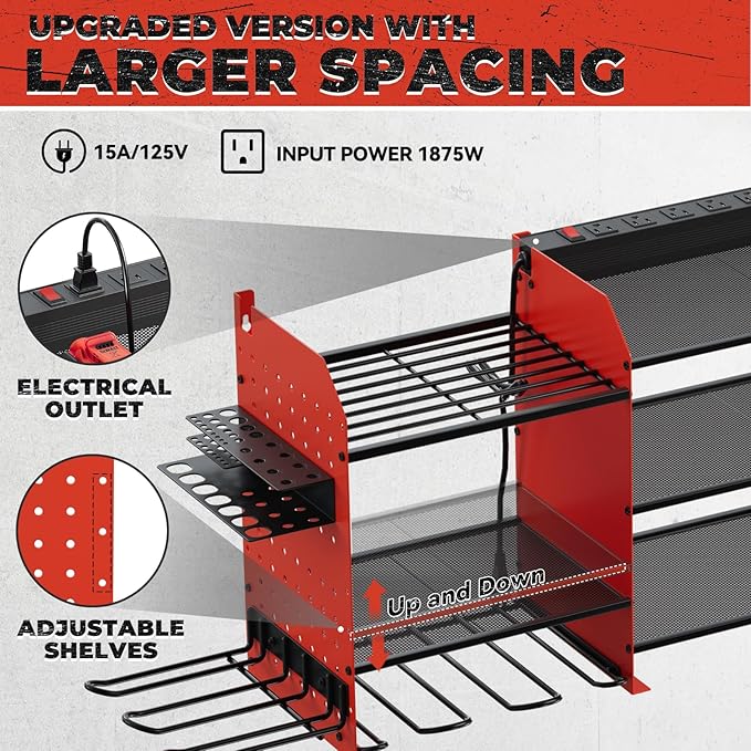 Upgrade Large Power Tool Organizer Wall Mount with Charging Station Tool Storage Rack with 6.5FT Power Strip 10 Drill Holder and Storage Rack for Garage Organization