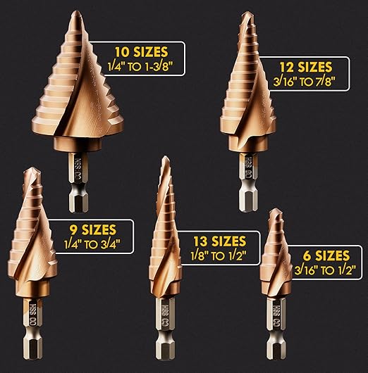 M35 Cobalt Step Drill Bit Set with Automatic Center Punch, 1/8" to 1-3/8", 6 PCS Step Drill Bit for Stainless Steel, Metal, Aluminum, Copper, Wood, PVC