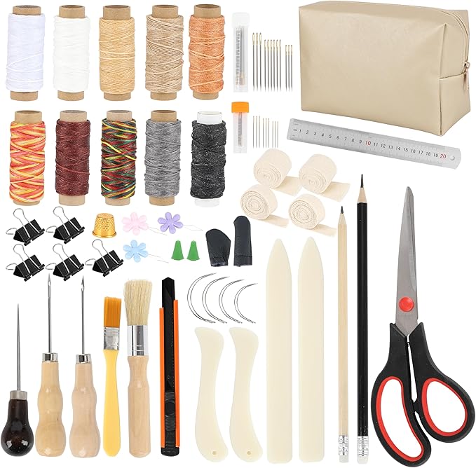 65 Pcs Bookbinding Tools Kit with Bone Folder, Waxed Thread, Binding Ribbon, Glue Brush, Awl, Needles, Ruler, Storage Bag, and More for DIY Bookbinding, Paper Crafts, and Book Repair