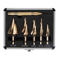 KENDO Two Spiral Flute Cobalt Step Drill Bits with Automatic Center Punch, 5PCS M35 High Speed Steel Unibit Step Bits, Total 50 Sizes, 1/4" Hex Shank, Ideal for Metal, DIY Lovers with Aluminum Case