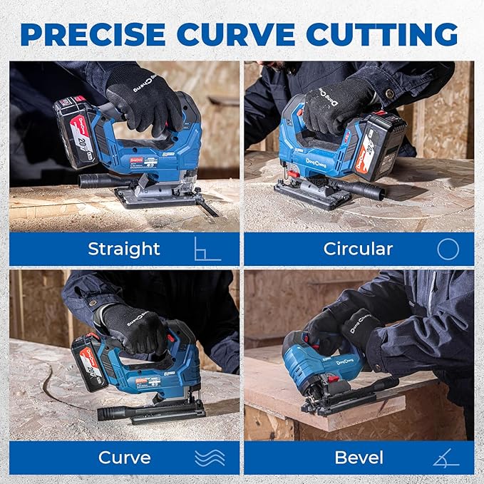 Dong Cheng 20V Brushless Jigsaw, 26mm Stroke, 800-3500 SPM, 0-45° Bevel, 6-Speed, Orbital Action, Dual LED, Dust Blower, with 4Ah Battery, Charger, 6 Blades, Guide Rail & Tool Bag