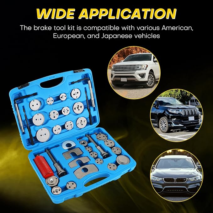 35PCS Disc Brake Caliper Tool Kit | Heavy Duty Brake Caliper Compression Tool Includes 24 Adapters for Brake Pad Replacement and Piston Compression, Compatible with Most Vehicles