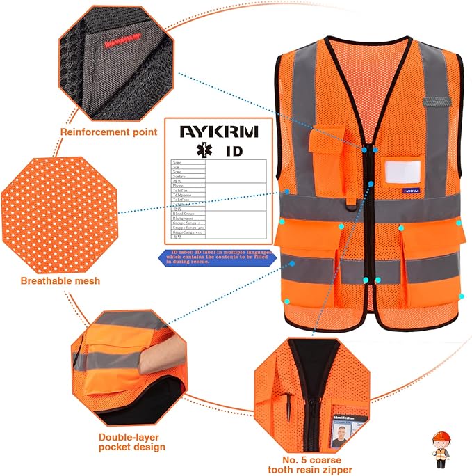 A-SAFETY High Visibility Mesh Safety Reflective Vest with Pockets and Zipper,Hi Vis Viz Reflective Safety Vest(Orange Mesh S)