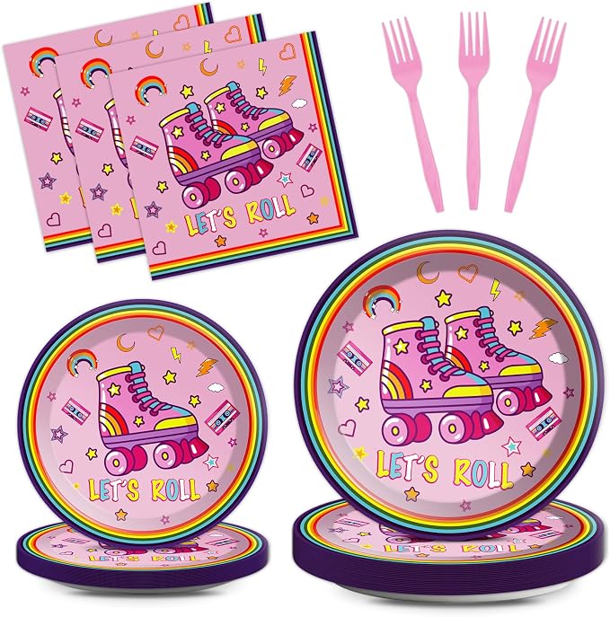 Qyeahkj 100 Pcs Roller Skating Party Plates and Napkins Set Pink Roller Skate by Qyeahkj