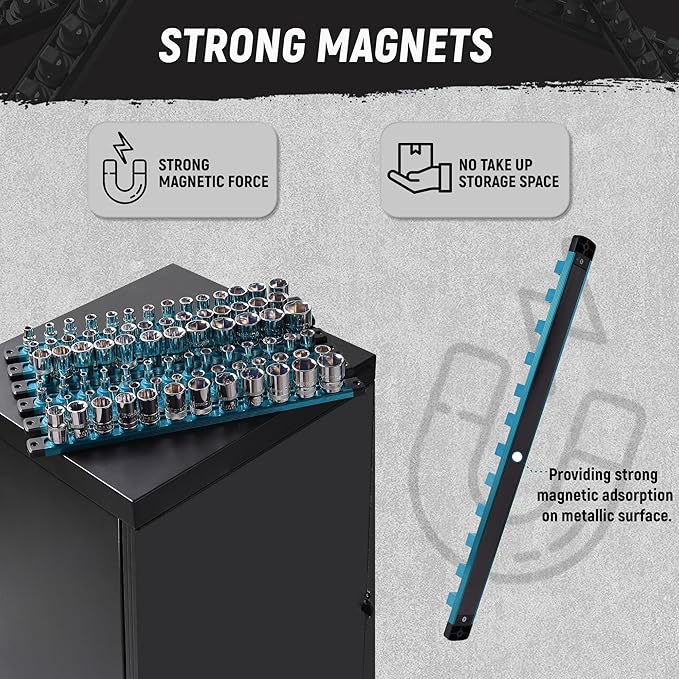 ALOANES Magnetic Socket Organizer, 1/2-Inch Drive Aluminum Socket Holder Socket Tray, Heavy Duty Socket Rail Organizer for Tool Box Drawer, 360°Swivel Clips Socket Rack 1/2-Inch x 12 Clips (Aqua Blue)