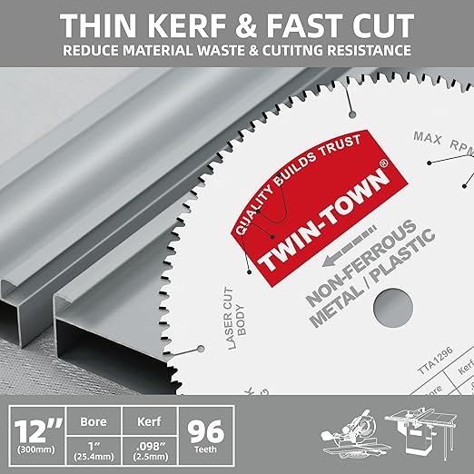 TWIN-TOWN 12-Inch 96 Tooth TCG Aluminum Cutting Saw Blade for Miter/Table Saws - Precision Circular Saw Blades for Aluminum, Plastics, Non-Ferrous Metals with 1" Arbor