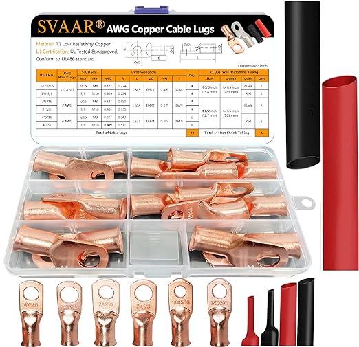 SVAAR 34pcs Battery Cable Lugs kit 1/0 Gauge 2 Gauge 4 Gauge Bare Copper Lugs with 5/16" and 3/8" Stud Heavy Duty 0 2 4 AWG Wire Lugs Ring Terminal Connectors Crimp Cable Ends with Heat Shrink Tube