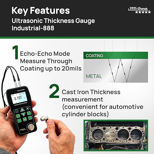 Ultrasonic Thickness Gauge Industrial-888 / Echo-Echo Mode Measure Through Coating up to 19.685mils (500 microns) / Range 0.039-19.685 in (All Material)