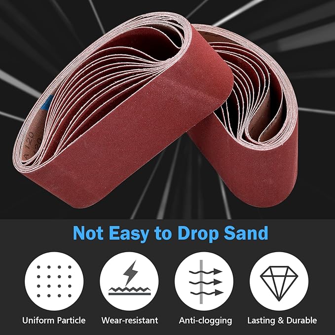 24 Pcs 4 x 21 Inch Sanding Belts, 120 Grit Sanding Belts for Belt Sander, 4x21 Aluminum Oxide Sanding Belts for Wood Furniture (4x21in, 120 Grit)