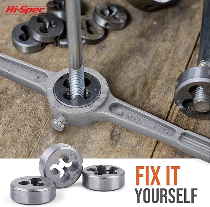 Hi-Spec 39 Piece SAE & Metric Tap & Die Set. Complete M3 to M12 / #4 to 1/2in Fine & Coarse Tools to Cut, Chase and Thread with Screw Pitch Gauge in a Tray Case
